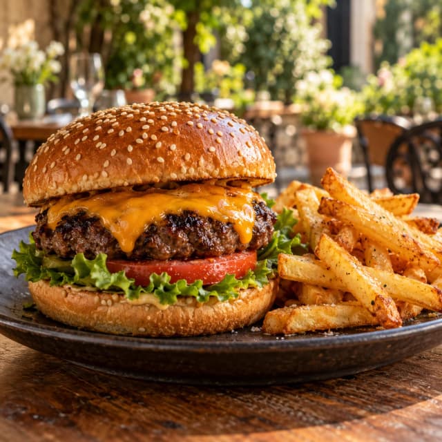 Gourmet burger in the illustrative customer menu