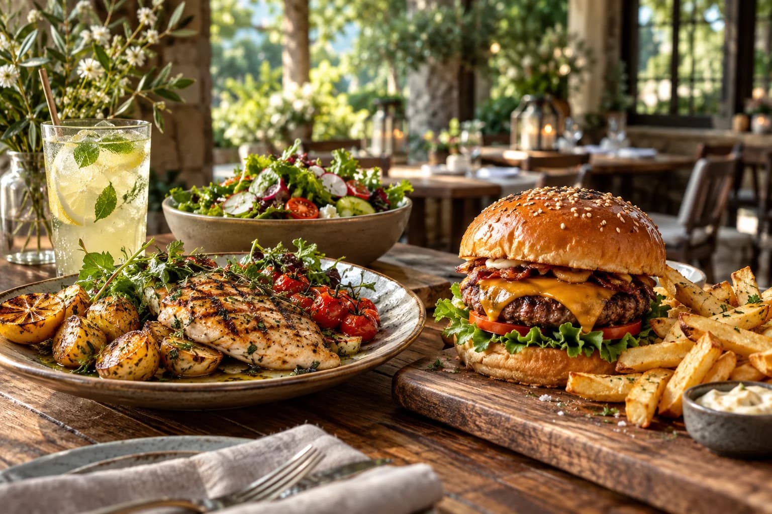 Fresh food on a sunlit restaurant table
