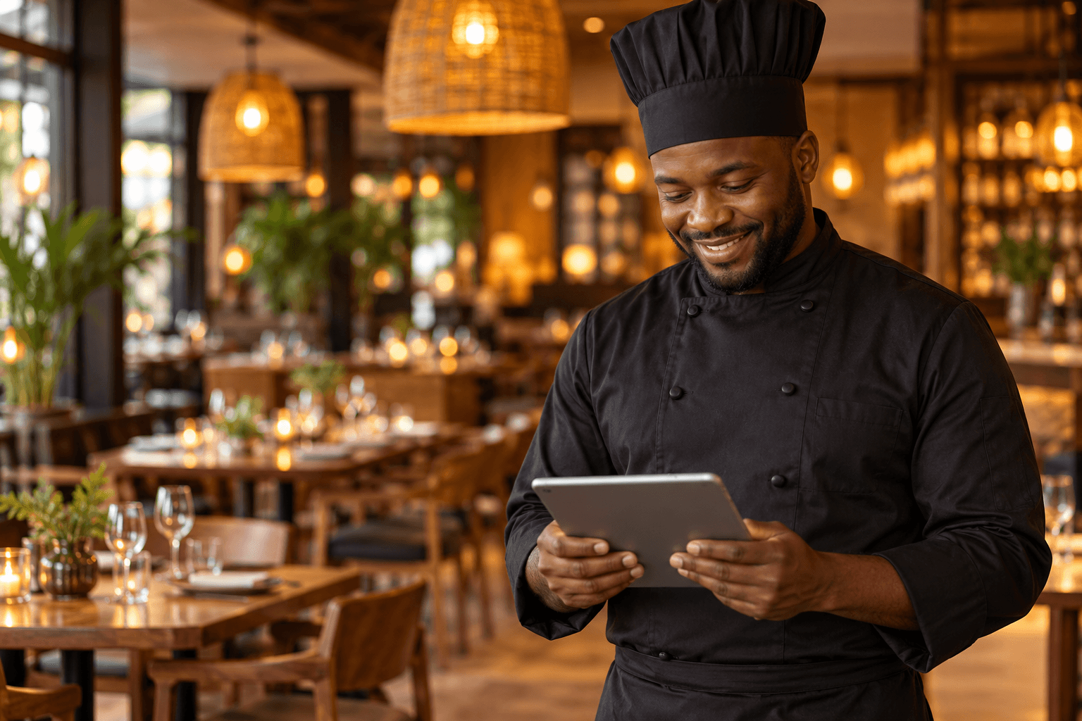 Chef using a tablet to manage service in a warm restaurant